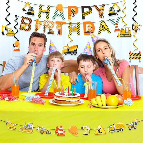 Miniatura 2 de Suministros para fiestas de cumpleaños de construcción, carteles de feliz cumpleaños, guirnalda de vehículos, camiones, 6 unidades, excavadora