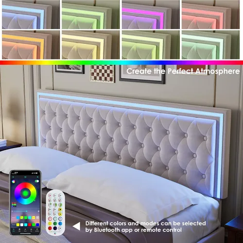 Miniatura 4 de Keyluv Marco de Cama Tapizada con LED Tamaño King con 4 Cajones, Cama de Plataforma de Terciopelo con Almacenamiento con Cabecero Capitoné de Beige