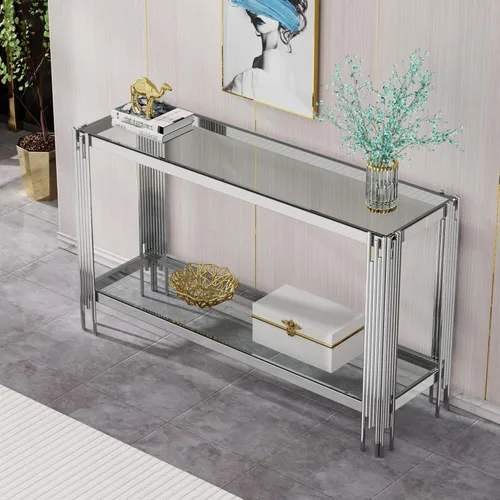 Miniatura 10 de Mesa auxiliar rectangular de vidrio de 48 pulgadas, mesa de centro de 2 niveles con parte superior de vidrio templado negro, patas de acero
