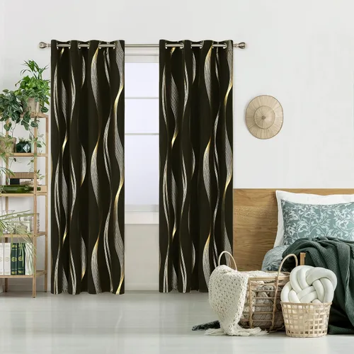 Miniatura 2 de Deconovo - Cortinas opacas con ojales y patrón estampado dorado, Negro/Onda, 52" de ancho x 84" de largo