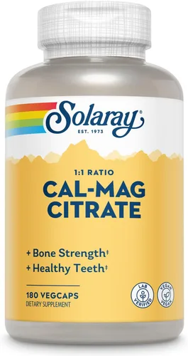 Solaray Relación de citrato de calcio y magnesio 1:1, huesos saludables, dientes, soporte muscular y del sistema nervioso, 30 porciones, 180