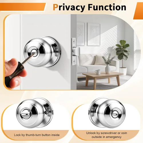Miniatura 3 de Probrico - Pomos redondos de puerta en cromo pulido, cerradura de interior, privacidad para baño y dormitorio, sin llave, bloqueo de giro