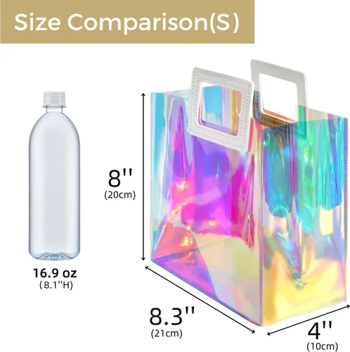 Miniatura 6 de VUOJUR 2 bolsas de regalo pequeñas holográficas de 8.3 x 8 x 4 pulgadas, transparentes, reutilizables, bolsas de regalo de cumpleaños para mujeres