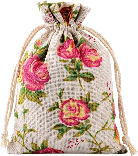 Miniatura 4 de Pangda 30 bolsas con cordón de rosas de tamaño pequeño, bolsa de arpillera con flores, bolsa de lino para regalo, bolsa de joyería para bodas