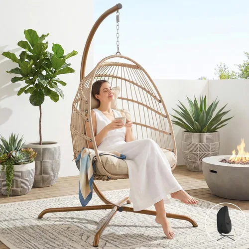 Miniatura 10 de NICESOUL Silla de huevo sin soporte para interiores y exteriores, cómoda silla colgante de mimbre para patio con cojín, hamaca columpio de 350 Beige