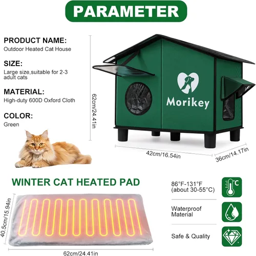 Miniatura 7 de Casa térmica para gatos para exteriores, casa aislada para gatos al aire libre con almohadilla térmica, refugio resistente a la intemperie