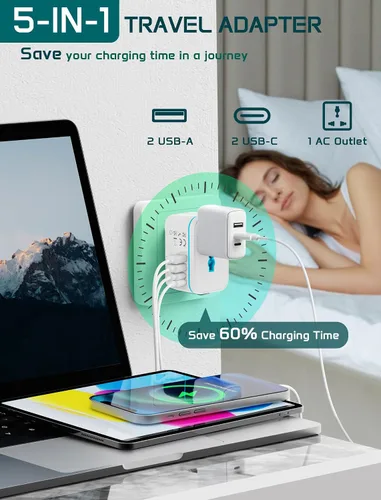 Miniatura 5 de Adaptador de viaje universal en todo el mundo, adaptador de enchufe de viaje europeo TECSIX con 2 USB C, 2 USB A y múltiples salidas de CA, Negro