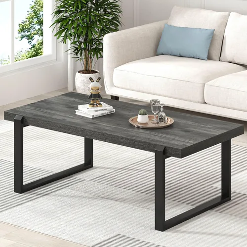 Miniatura 3 de EXCEFUR Mesa de café moderna, mesa central de madera rústica y metal, mesa de té rectangular de cóctel para sala de estar, gris, 44 pulgadas