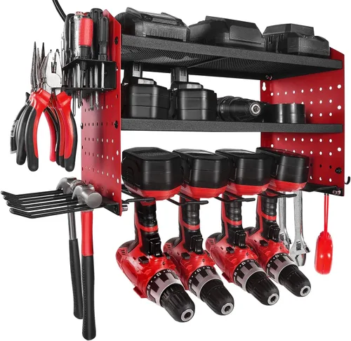 Miniatura 9 de VEVOR Organizador de herramientas eléctricas con estación de carga, estante de almacenamiento para taladros de 3 capas con 4 soportes para taladros