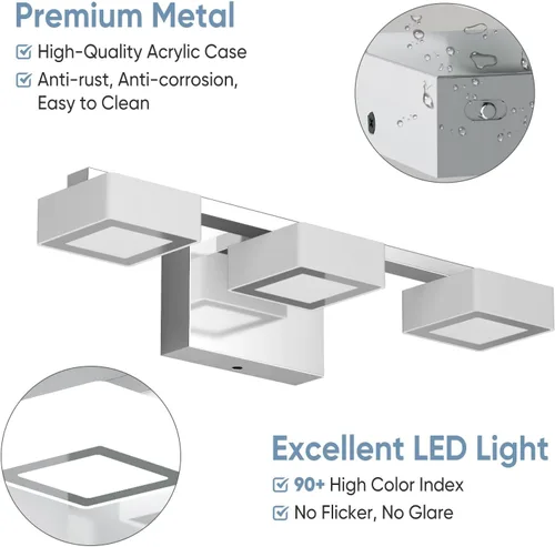 Miniatura 4 de Moderna lámpara LED de baño sobre el espejo, 3 luces regulables de tocador, lámpara de tocador de baño de acrílico cromado, ajustable de 2700 K-6500