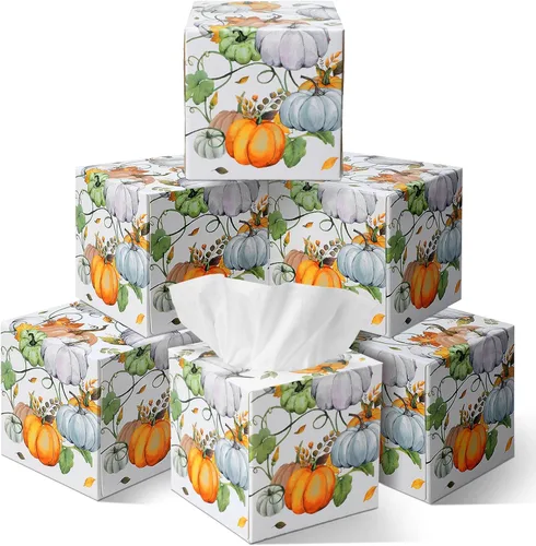 Yeaqee Paquete de 6 cajas de pañuelos faciales de calabaza de Acción de Gracias de 2 capas, 480 hojas de papel de otoño facial grandes cuadrados,