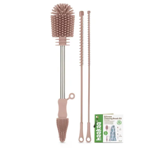 Haakaa Kit de cepillos de limpieza de silicona, limpiador de cepillos para biberones para extractor de leche, pezón, bolsa de almacenamiento de Rosa
