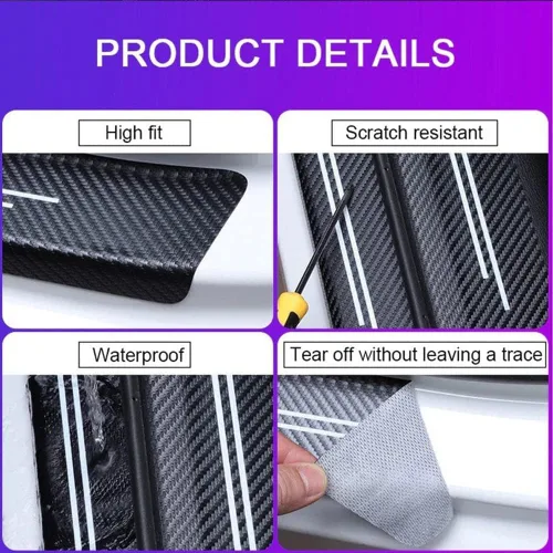 Miniatura 5 de 4 unidades de protectores de fibra de carbono para umbral de puertas delanteras/traseras de automóvil con adhesivo decorativo para proteger