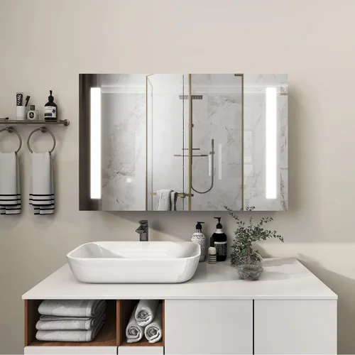 Miniatura 7 de Botiquín de baño con espejo de tocador LED, montaje en superficie de luz ajustable de 3 colores, gabinete de baño con luz antiniebla