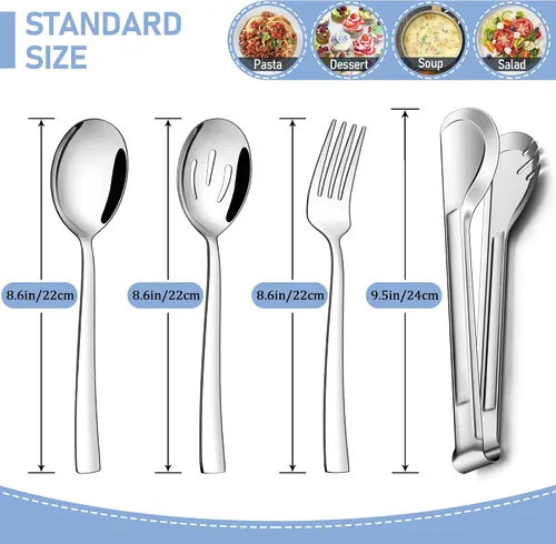 Miniatura 2 de LIANYU Juego de 8 utensilios de servir, cucharas de servir de acero inoxidable, cucharas ranuradas, tenedores, pinzas de metal para cocina, bufé