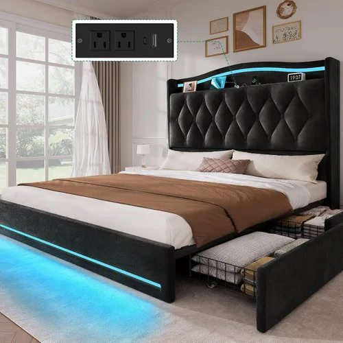 Miniatura 11 de YITAHOME Base de cama tamaño King con 4 cajones de almacenamiento y luces LED RGB, cama tapizada de terciopelo de 57 pulgadas de alto con estación
