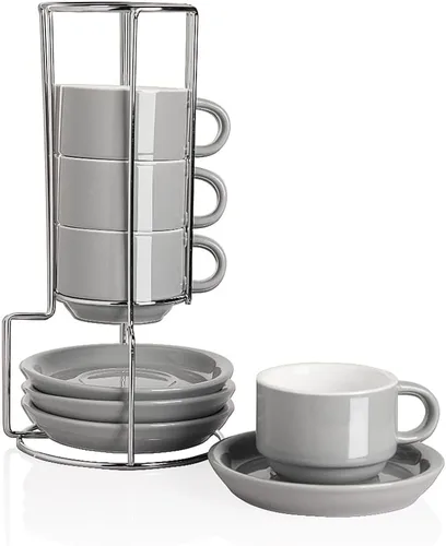 Miniatura 8 de Sweejar - Tazas de café de porcelana con platillos, tazas de capuchino apilables de 4 onzas con soporte de metal para bebidas de café, café