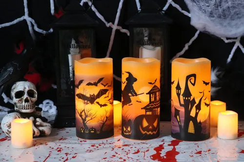 Miniatura 4 de Velas sin llama que funcionan con pilas con temporizador de 6 horas, calcomanías de Halloween de cera real LED parpadeantes, juego de 3 velas