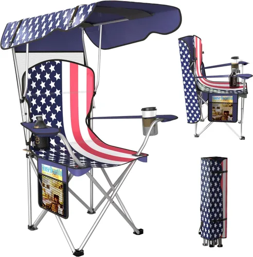 Miniatura 18 de VTOY Silla de camping portátil con dosel, silla plegable con toldo, silla Oxford 600D duradera para camping, playa, picnic, pesca y deportes 1
