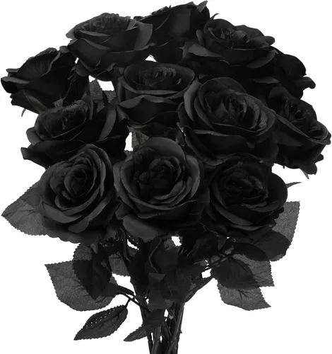 Whaline Paquete de 12 rosas artificiales de seda, rosas negras, rosas falsas románticas realistas con tallos largos para fiestas de Halloween,