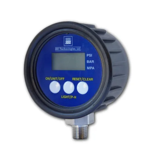 Serie MG1-9V - MG1-3000-A-9V-R, manómetro digital de 2.5 pulgadas con pantalla LCD, presión de funcionamiento de 3000 PSIG, funciona con pilas, 9 V,