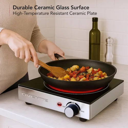 Miniatura 5 de OVENTE Quemador Individual de Cerámica Infrarroja, Placa Caliente Eléctrica de Encimera de 1200W con Vidrio Cristalino Negro, Superficie de Cocción