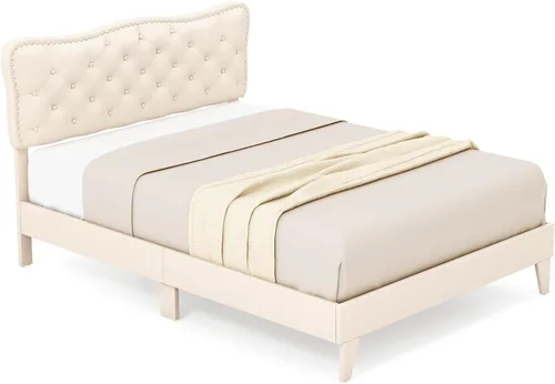 Miniatura 9 de Giantex Base de cama tamaño matrimonial color beige, plataforma tapizada de tela de lino con cabecera de clavos, base de colchón con botones