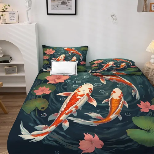 Miniatura 3 de Juego de sábanas de tamaño individual – Sábanas de cama de pez Koi japonés, sábanas y fundas de almohada, sábanas y fundas de almohada, microfibra