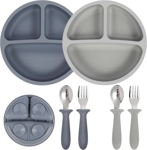 Miniatura 8 de Eascrozn Juego de Alimentación para Bebé, 2 Paquetes de Placas de Succión Divididas de Silicona para Bebé, 2 Paquetes de Juego de Cucharas