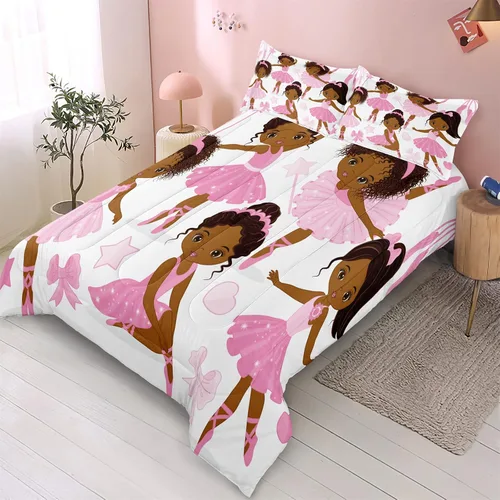 Miniatura 7 de Juego de ropa de cama individual para niñas, juego de edredón mágico afroamericano con bailarina de ballet, juego de cama rosa para niños pequeños