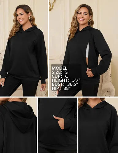Miniatura 5 de Bhome Sudadera de lactancia con capucha para lactancia materna con cremalleras ocultas, bolsillo de canguro