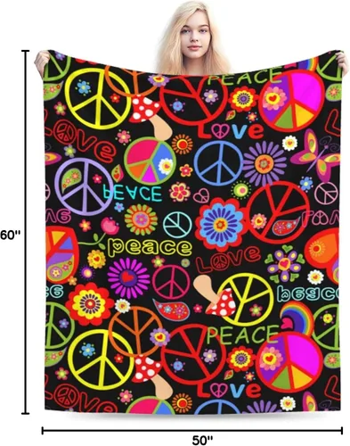 Miniatura 10 de Divertida y colorida manta hippie de paz y amor, mantas suaves de franela manta para cama acogedora y ligera de felpa regalos para mujeres, hombres