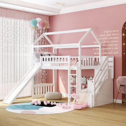 Miniatura 11 de Actual Literas de casa con tobogán, litera de madera maciza individual sobre cama individual con escaleras, techo, barandillas, cama alta de madera