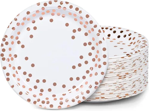 MATICAN Platos de papel para fiestas, paquete de 100 platos desechables blancos y oro rosa, lunares de papel de aluminio, 9 pulgadas Dorado (Gold