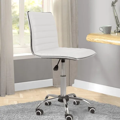Miniatura 8 de JUMMICO Silla de oficina de tocador sin brazos con ruedas, pequeña y bonita silla de escritorio de maquillaje de cuero acanalado giratoria