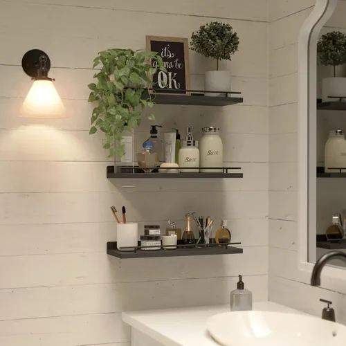 Miniatura 5 de WOPITUES Estantes flotantes con barandilla de metal negro, estantes para decoración de pared, juego de 3, estantes de pared para dormitorio, baño