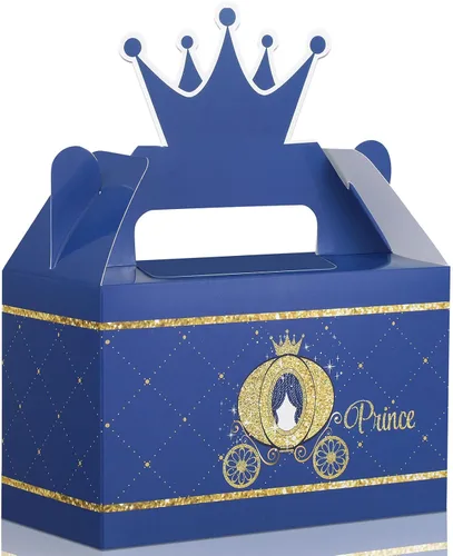 Caja de premios con corona de príncipe para fiesta, caja de dulces azules y dorados, suministros de fiesta para baby shower, decoración de