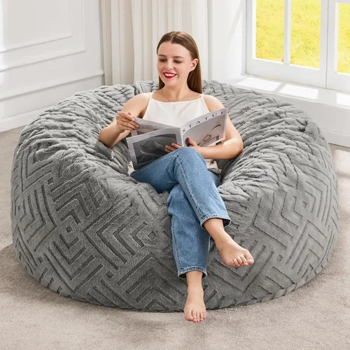 Miniatura 14 de Hobestluk Sillas de Puf para Adultos, Silla de Puf con Relleno, Bolsas Grandes con Funda de Felpa en Relieve, Sillas de Puf Gigantes para Adultos