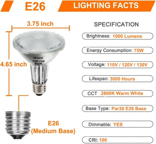 Miniatura 5 de Vinaco PAR30 Cuello Largo 75W, Paquete de 6 Focos Halógenos PAR30 de Larga Duración Luz de Inundación Blanca Cálida 2800K, PAR30 Regulable, Foco