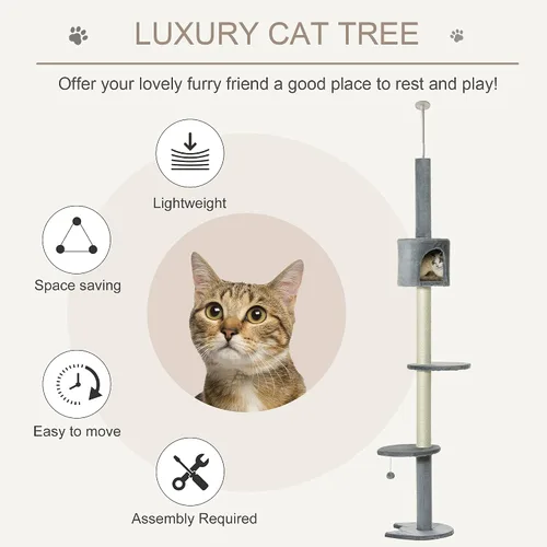 Miniatura 3 de PawHut Árbol para gatos de 85.5 pulgadas, altura ajustable, del suelo al techo, centro de actividades de escalada de 4 niveles, juguete para gatos