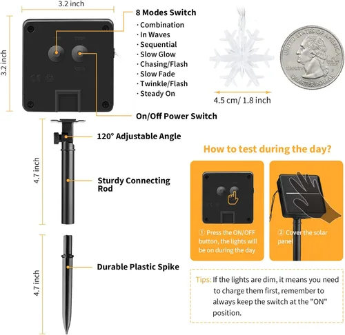 Miniatura 4 de Brightown Guirnalda de luces solares de copo de nieve de Navidad, paquete de 2 unidades, 100 luces LED de 78 pies para exteriores, impermeables
