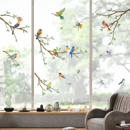 Miniatura 2 de Decalmile Pegatinas de vidrio anticolisión para ventana de colibrí y pájaro de doble cara de rama de árbol
