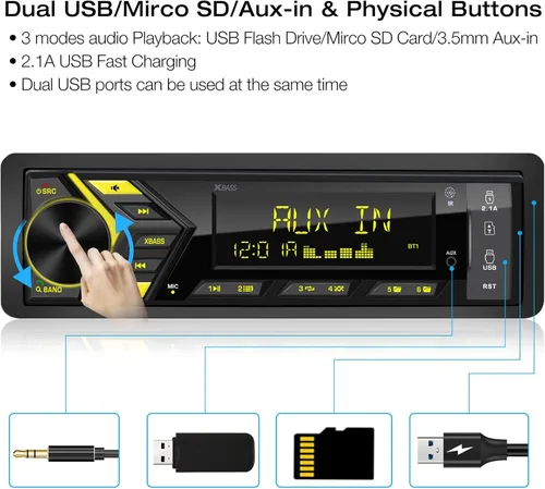 Miniatura 4 de Radio marina estéreo Bluetooth para automóvil: sistema de audio con pantalla LCD de un solo DIN - Reproductor de MP3 multimedia Indash con receptor