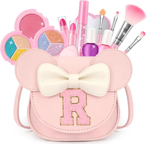 Miniatura 27 de Kit de maquillaje para niñas – Juego de maquillaje lavable real de 15 piezas – Cosmético no tóxico para niños pequeños con bolso de letras – Regalos