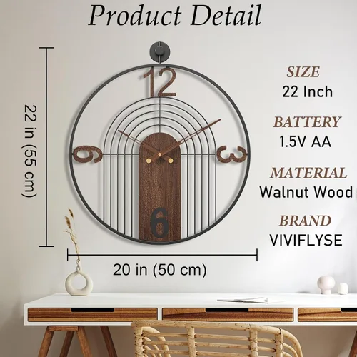 Miniatura 3 de Reloj de Pared Moderno Grande con Esfera de Nogal, Marco de Madera y Metal, Relojes de Pared Silenciosos Sin Tic Tac, Decoración para Sala de Estar