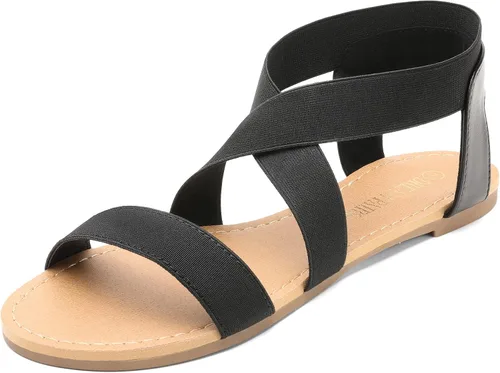 DREAM PAIRS - Sandalias planas con correa elástica en el tobillo para mujer, zapatos elegantes de verano, bonitas sandalias tipo gladiador con tiras