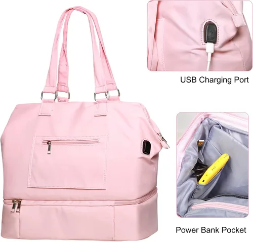 Miniatura 6 de MINKARS Bolsa de fin de semana con compartimento para zapatos, funda para portátil, puerto de carga USB, Rosado, Bolsa de fin de semana