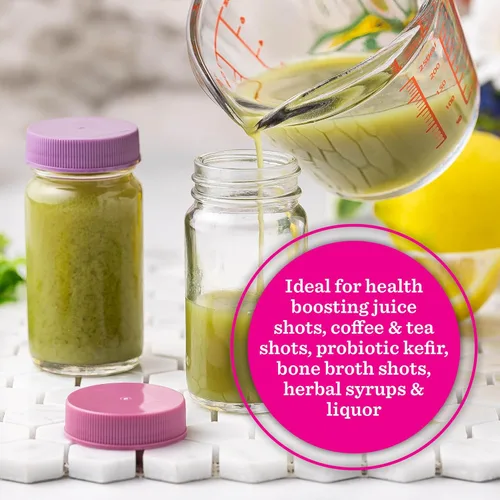 Miniatura 5 de Botellas de vidrio para jugo con tapas, transparentes, 2 oz, tapas de colores y bandas de agarre de silicona, almacenamiento de bebidas, para jugos
