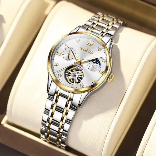 Miniatura 2 de OLEVS Relojes automáticos de diamante Tourbillon para mujer, de cuerda automática, de moda, de acero inoxidable, fase lunar, impermeable, luminoso