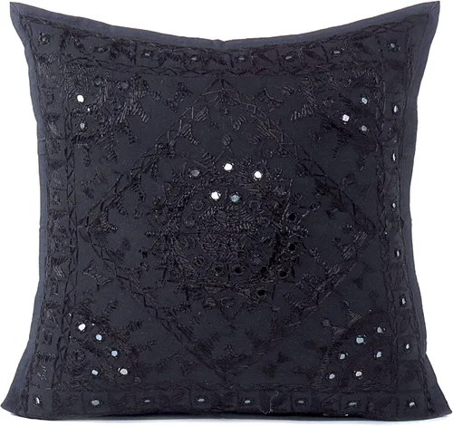 Funda de cojín decorativa bohemia bordada con espejos, hecha a mano para sofá, dormitorio, sala de estar (negro, 16 x 16 pulgadas)